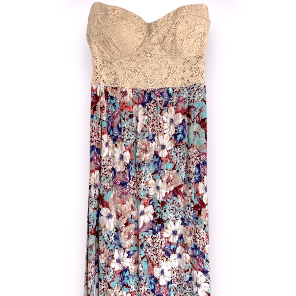 EUC | Lac Bleu | Strapless Floral Maxi Dress with Crochet Top | Size Large